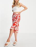 Asos Design Button Ruched Skater Midi Skirt In Swirl Print-multi