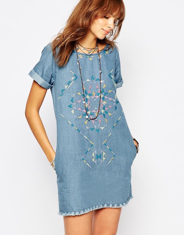 Pepe Jeans Embroidered Denim Dress With Raw Edge Detail - Denim