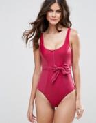 Asos Matte Satin Panel Belted Swimsuit - Pink