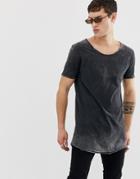 Asos Design Relaxed Super Longline T-shirt With Scoop Neck And Curved Hem In Acid Wash-black