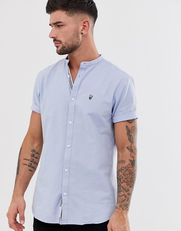 River Island Short Sleeve Oxford With Grandad Collar In Blue