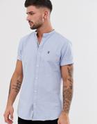 River Island Short Sleeve Oxford With Grandad Collar In Blue