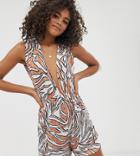 Asos Design Tall Slinky Jersey Plunge Beach Romper In Natural Animal Print-multi