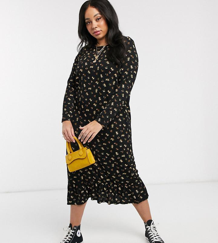 Daisy Street Plus Midaxi Smock Dress In Ditsy Floral-black