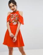 Asos Cold Shoulder Skater Dress With Floral Embroidery - Multi