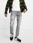 Asos Design Stretch Slim Jeans In Washed Gray With Abrasions-grey