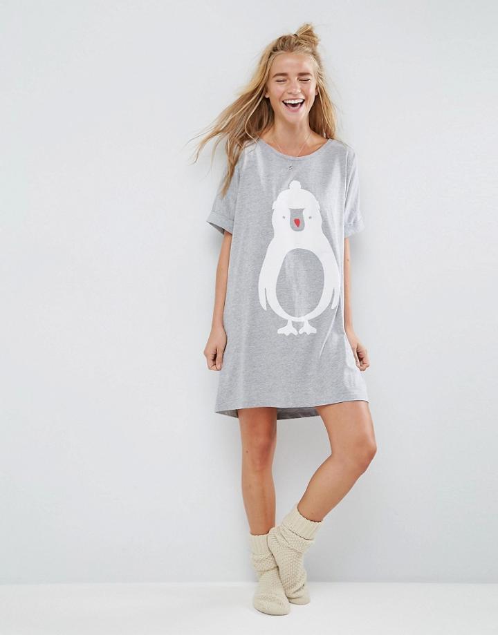 Asos Holidays Flocked Penguin Oversized Sleep Tee - Multi