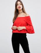 Asos Off The Shoulder Top With Ruffle Sleeve - Red