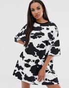 Asos Design Cow Print Oversize T Shirt Dress-multi
