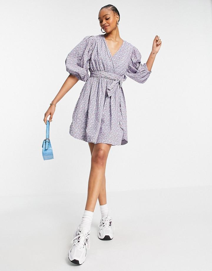 Y.a.s Organic Cotton Mini Dress With Puff Sleeve Detail In Lilac Floral-purple