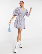 Y.a.s Organic Cotton Mini Dress With Puff Sleeve Detail In Lilac Floral-purple