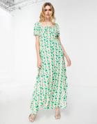 Vila Maxi Dress With Bust Detail In Green Floral Print-multi