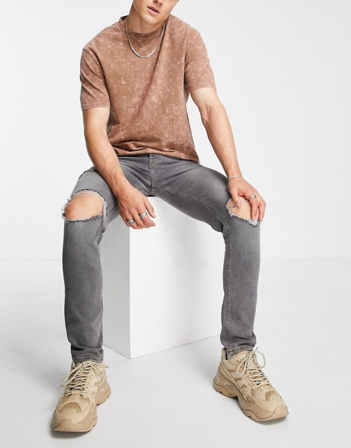 Asos Design Skinny Jeans In Washed Gray With Heavy Rips-grey