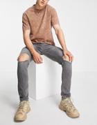 Asos Design Skinny Jeans In Washed Gray With Heavy Rips-grey