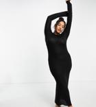 Asos Design Curve Long Sleeve Light Knit Body-conscious Maxi Beach Dress In Black
