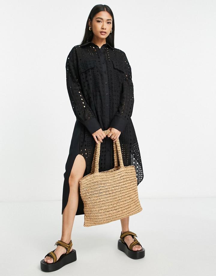 Topshop Broderie Midi Shirt Dress In Black