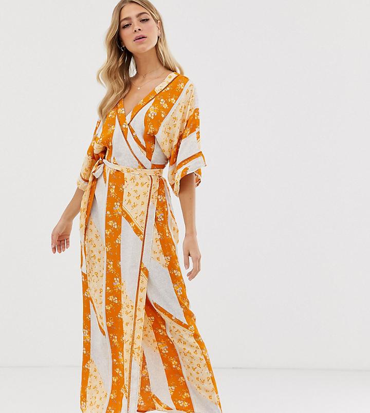 Miss Selfridge Wrap Kimono Maxi Dress In Mixed Print