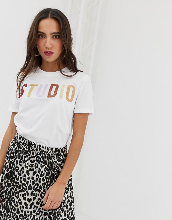 Pieces 'studio' Slogan White T-shirt