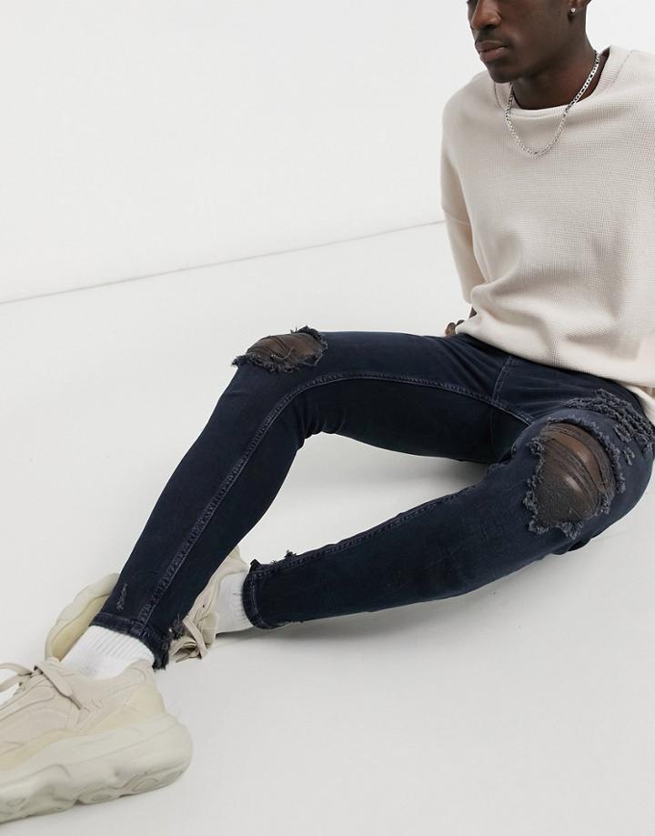 Pull & Bear Premium Skinny Fit Jeans With Rips In Navy Blue-blues