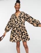 Asos Design Casual Cotton Poplin Wrap Front Mini Smock Dress In Animal Print-multi