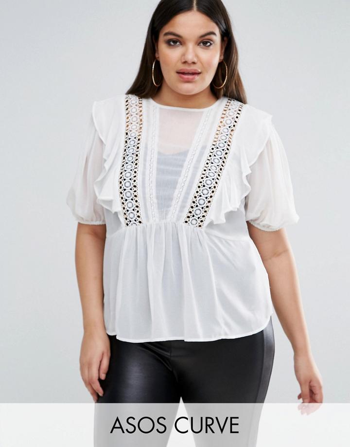 Asos Curve Ruffle Blouse With Eyelet Detail And Lace Insert - Cream