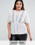 Asos Curve Ruffle Blouse With Eyelet Detail And Lace Insert - Cream
