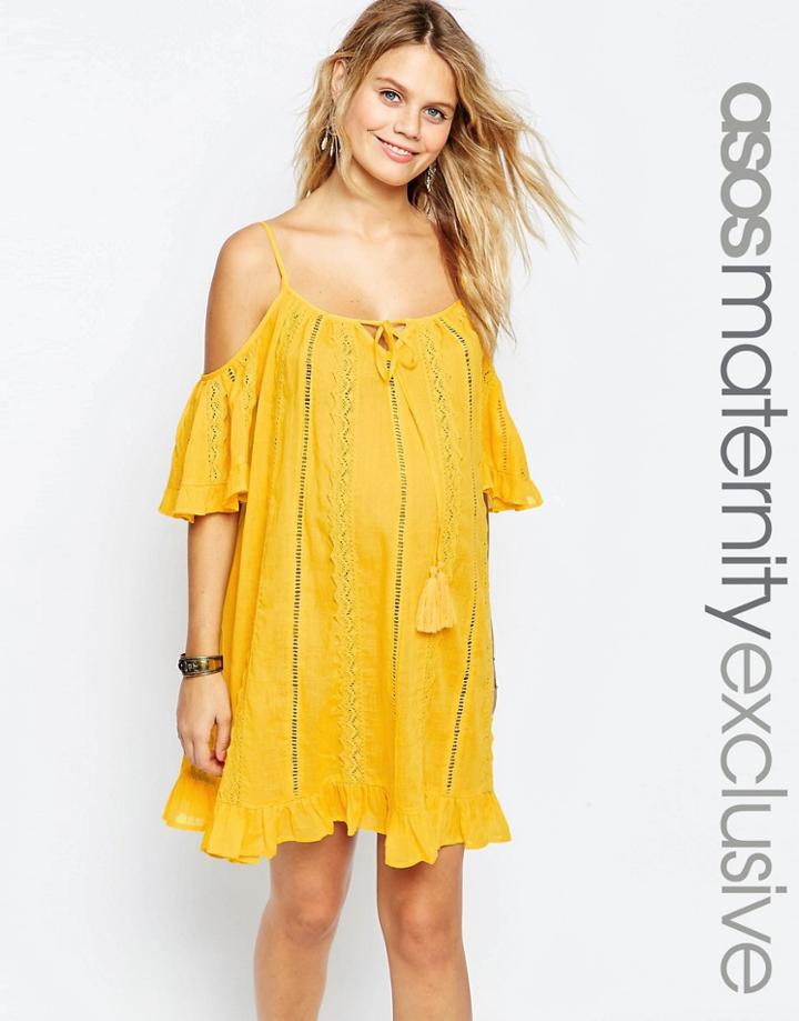 Asos Maternity Cotton Dress With Cold Shoulder And Embroidery - Yellow