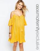 Asos Maternity Cotton Dress With Cold Shoulder And Embroidery - Yellow