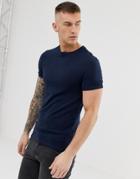 Asos Design Muscle Fit T-shirt With Crew Neck With Roll Sleeve In Navy - Navy