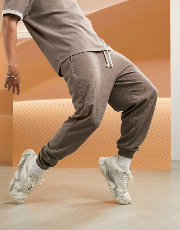 Asos Design Co-ord Oversized Sweatpants In Beigey-brown Waffle With Cream Contrast Waistband