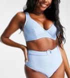 Peek & Beau Fuller Bust Exclusive High Waist High Leg Bikini Bottom With Belt Detail In Blue Rib-blues