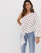 Asos Design One Shoulder Top With Knot Tie Front In Polka Dot-multi