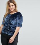 Asos Curve T-shirt In Velvet With Ruching And Puff Sleeve - Gray