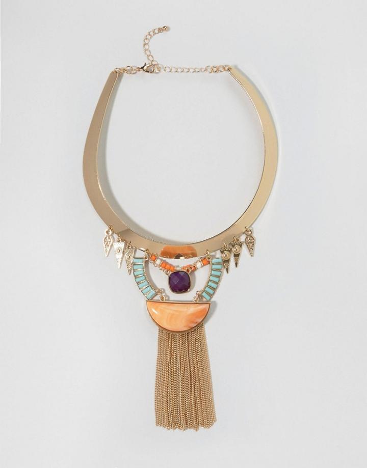 Nylon Statement Collar Necklace With Fringe Detail - Gold