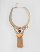 Nylon Statement Collar Necklace With Fringe Detail - Gold