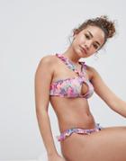 Bershka Halter And Frill Bikini Top In Bright Floral Print - Multi