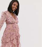 Asos Design Maternity Long Sleeve Mini Dress In Floral Print With Cluster Embellishment Detail And Circle Trims-multi