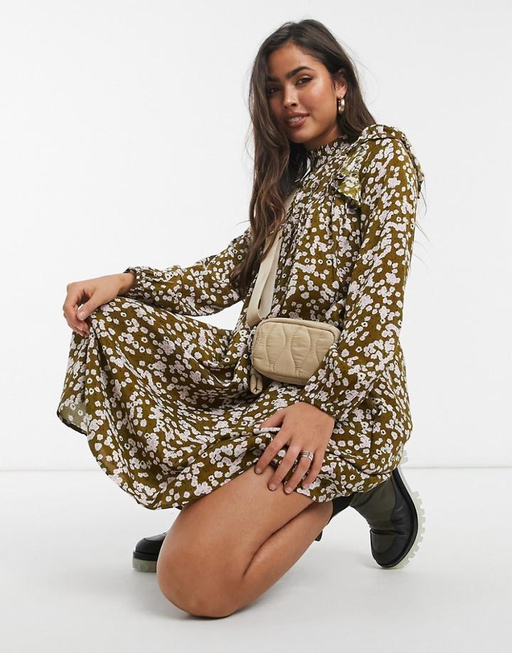 Y.a.s Midi Dress With High Neck And Frill Shoulder In Khaki And Pink Floral-multi