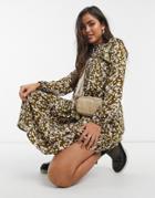 Y.a.s Midi Dress With High Neck And Frill Shoulder In Khaki And Pink Floral-multi