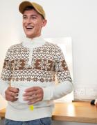 Threadbare Fairisle Quarter Zip Christmas Sweater In Ecru-white