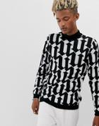 Asos Design Knitted Turtleneck Sweater With Monochrome Pattern Design - Black
