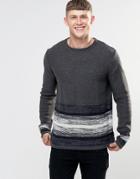 Bellfield Striped Bottom Wide Round Neck Knitted Sweater - Gray