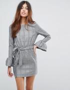Parisian Check Dress With Flare Sleeve And Tie Waist - Gray