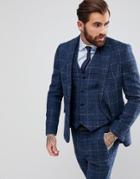 Asos Slim Suit Jacket In 100% Wool Harris Tweed In Blue Check - Blue