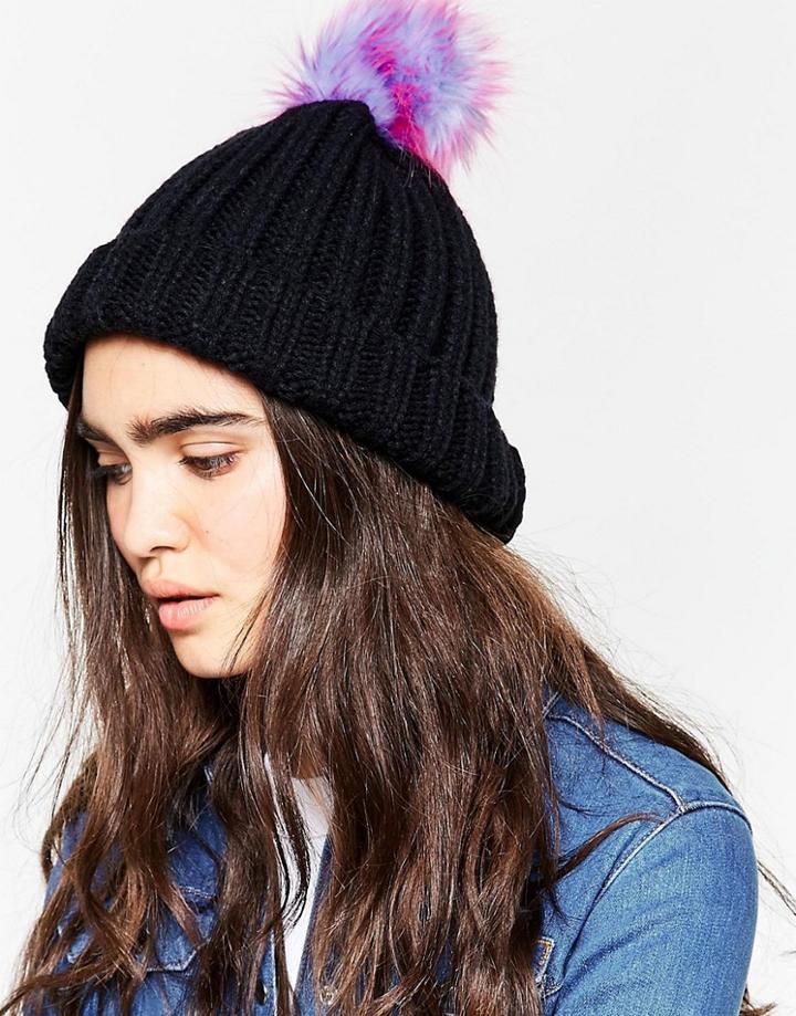 7x Knitted Beanie Hat With Rainbow Faux Fur Pom Pom - Black