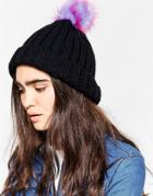 7x Knitted Beanie Hat With Rainbow Faux Fur Pom Pom - Black