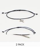 Asos Design 2 Pack Cord Anklet Set With Feather Detail In Black