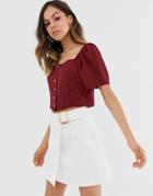 New Look Square Neck Button Down Top In Burgundy-navy