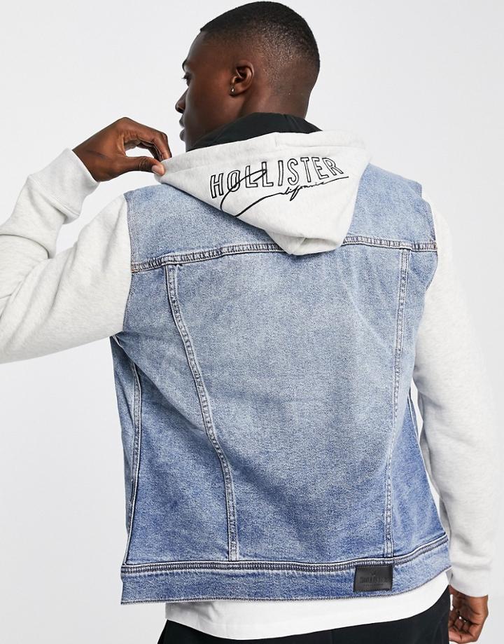 Hollister Sweat Sleeve & Hood Denim Jacket In Medium Wash/gray-grey