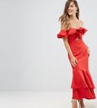 Jarlo Petite Ruffle Bardot Maxi Dress With Cut Out - Red